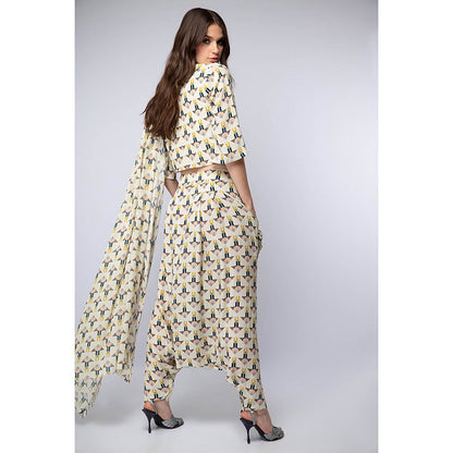 Payal Singhal White Printed Crop Top with Dhoti and Attached Drape (Set of 2)