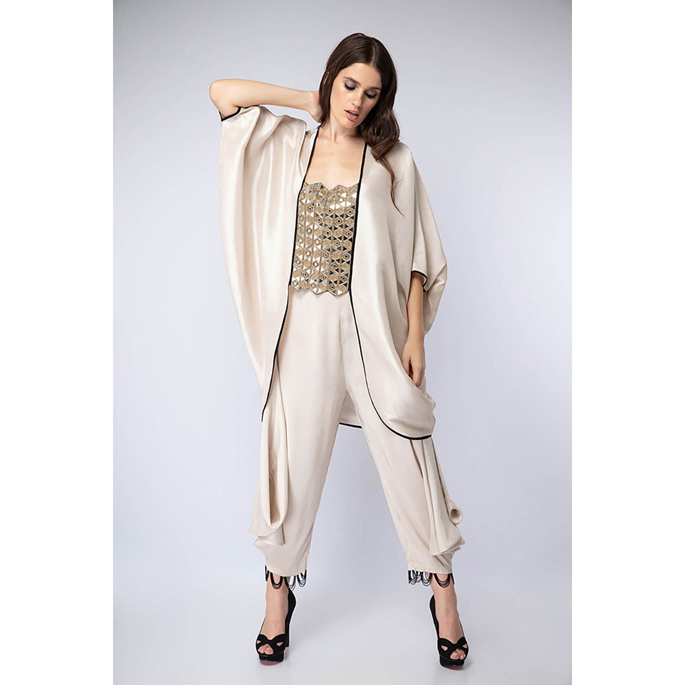 Payal Singhal Beige Embroidered Kaftan with Dhoti and Crop Top (Set of 3)