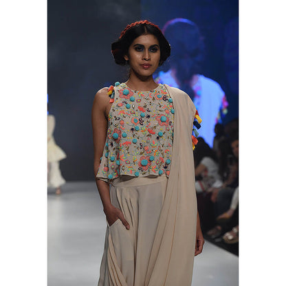 Payal Singhal Beige Top and Dhoti with Attached Drape (Set of 2)