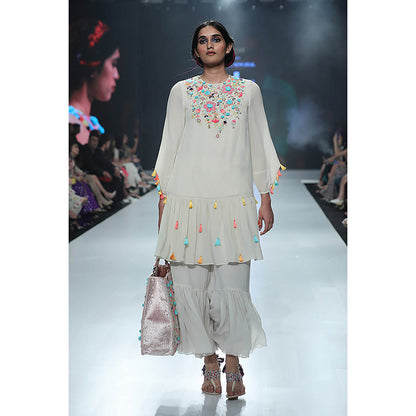 Payal Singhal White Georgette Frill Kurta with Palazzo (Set of 2)