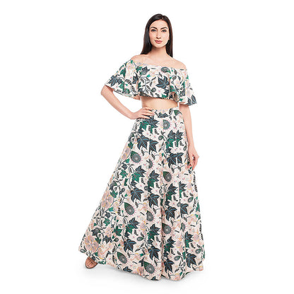 Payal Singhal White Printed Ruffle Top with Lehenga (Set of 2)