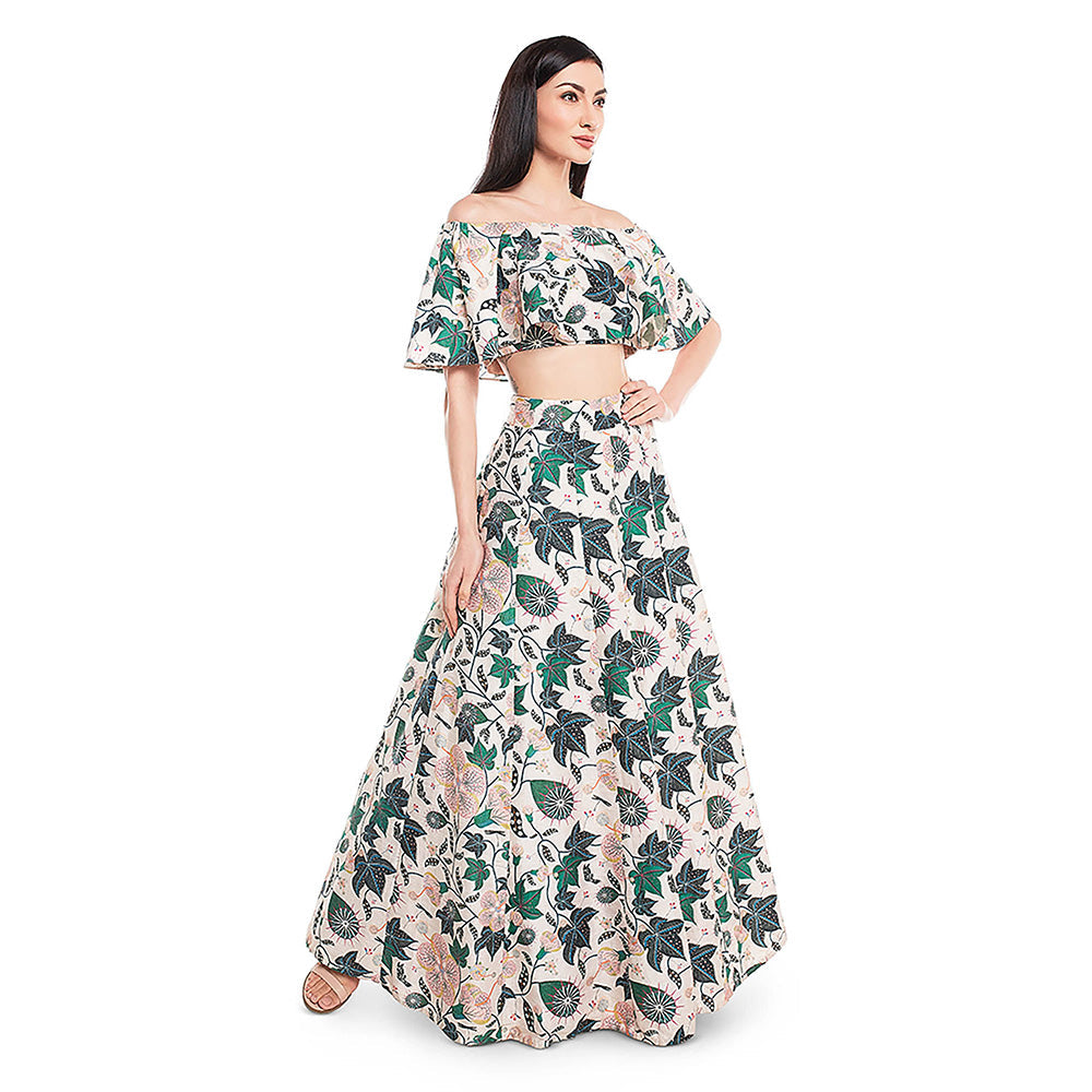 Payal Singhal White Printed Ruffle Top with Lehenga (Set of 2)