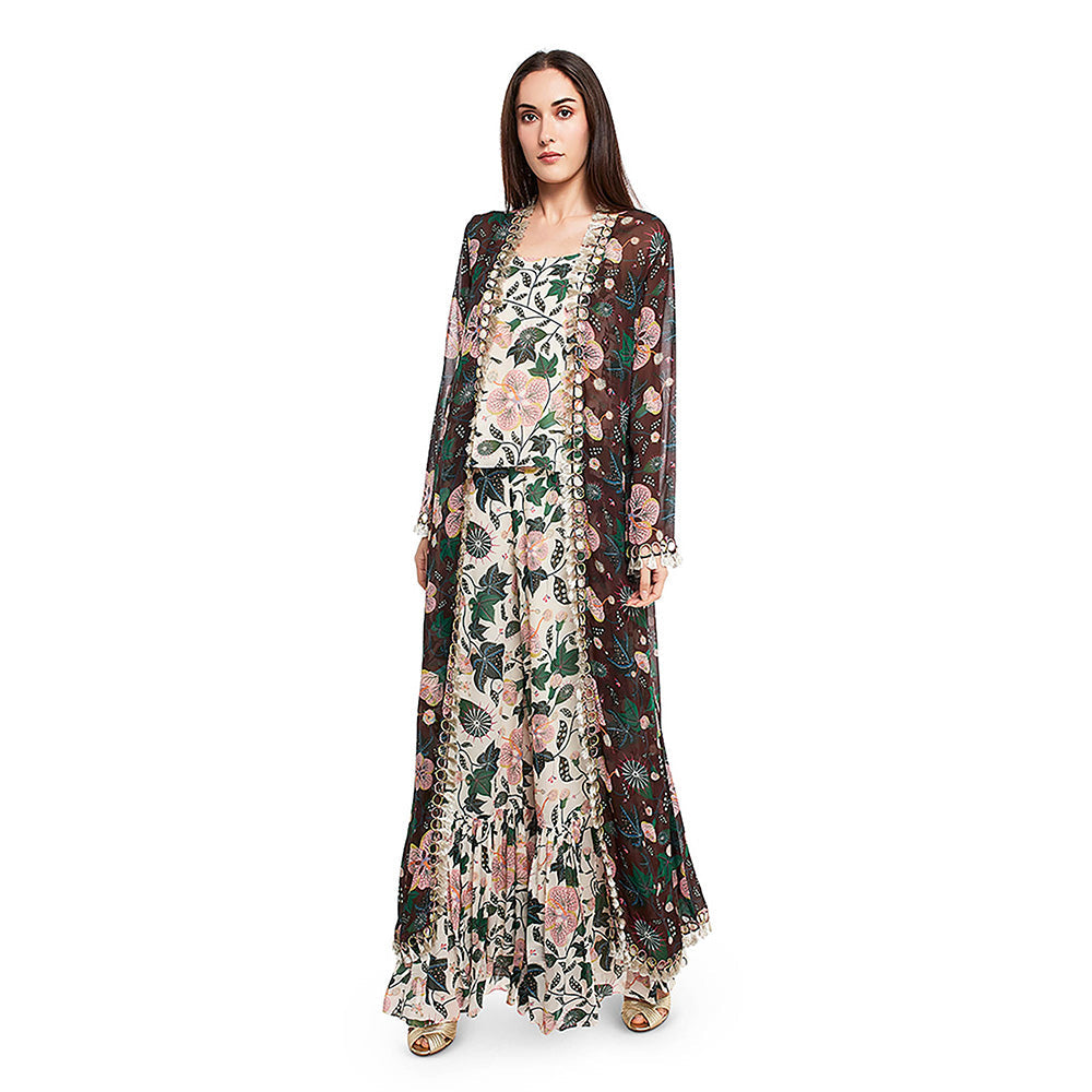 Payal Singhal Brown Printed Jacket with Crop Top and Palazzo (Set of 3)