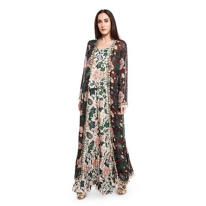 Payal Singhal Brown Printed Jacket with Crop Top and Palazzo (Set of 3)