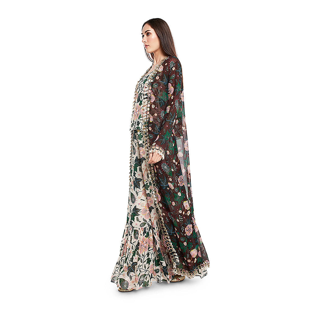 Payal Singhal Brown Printed Jacket with Crop Top and Palazzo (Set of 3)