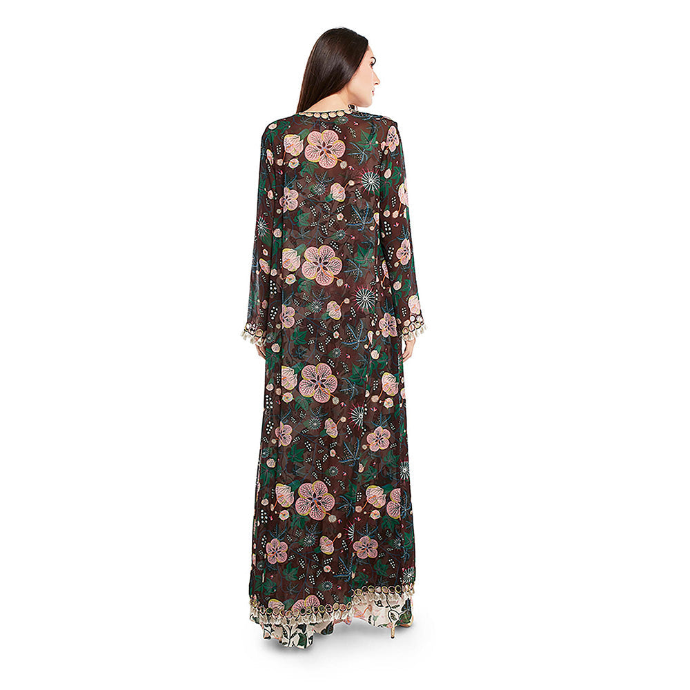 Payal Singhal Brown Printed Jacket with Crop Top and Palazzo (Set of 3)