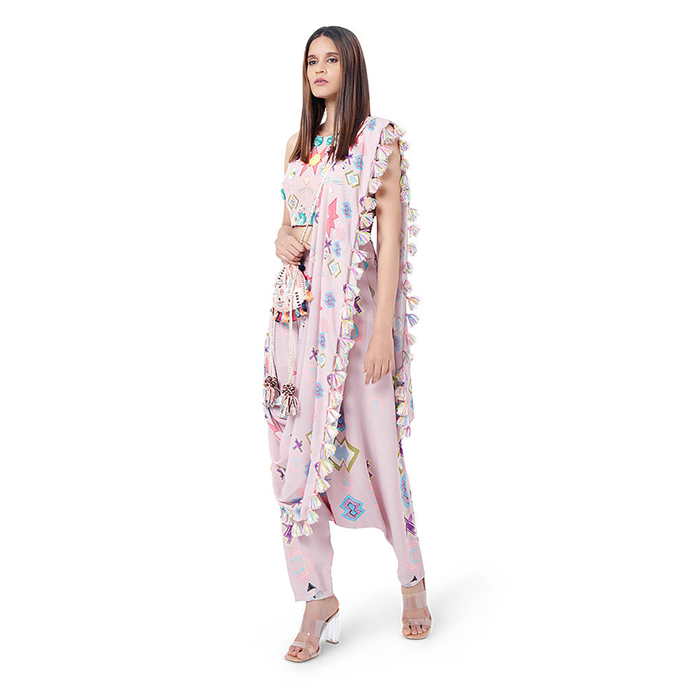 Payal Singhal Pink Printed Top and Dhoti with Attached Drape (Set of 2)