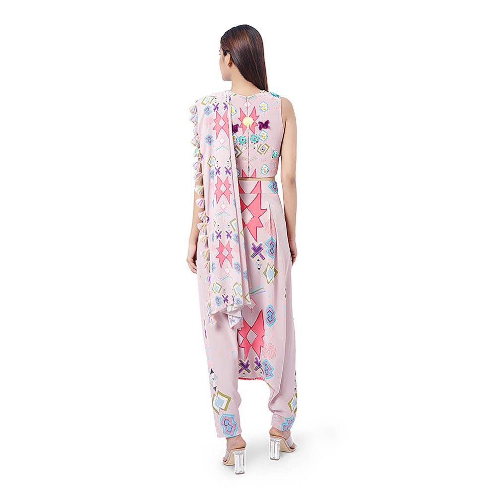 Payal Singhal Pink Printed Top and Dhoti with Attached Drape (Set of 2)