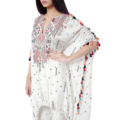 Payal Singhal White Embroidered High-Low Kaftan with Pant (Set of 2)