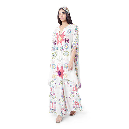 Payal Singhal White Printed Short Kaftan with Palazzo (Set of 2)
