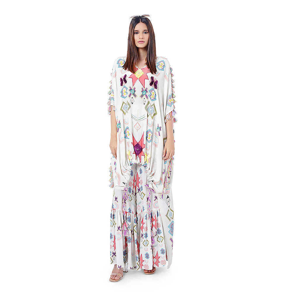 Payal Singhal White Printed Kaftan with Frill Palazzo (Set of 2)