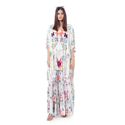 Payal Singhal White Printed Kaftan with Frill Palazzo (Set of 2)