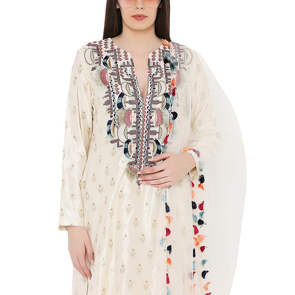 Payal Singhal Cream Kurta with Palazzo and Dupatta (Set of 3)