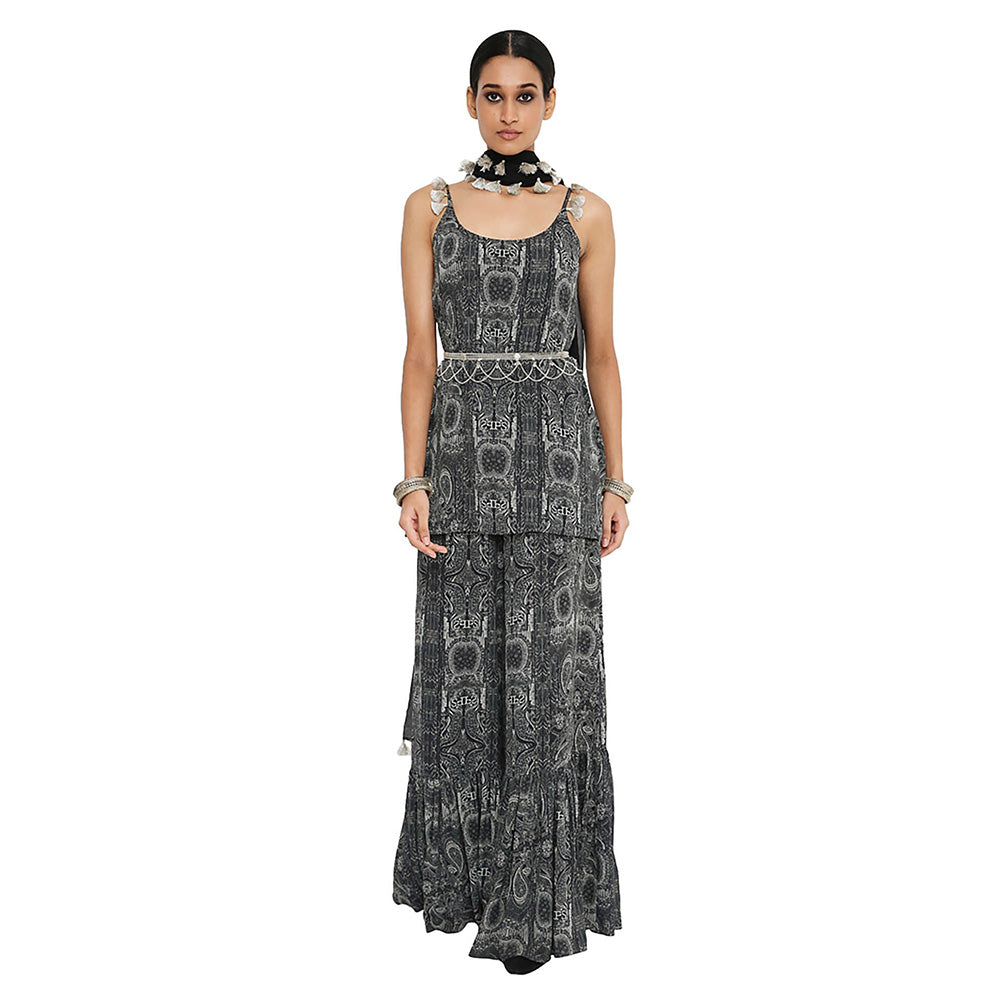 Payal Singhal Black Printed Kurta with Frill Sharara and Dupatta (Set of 3)
