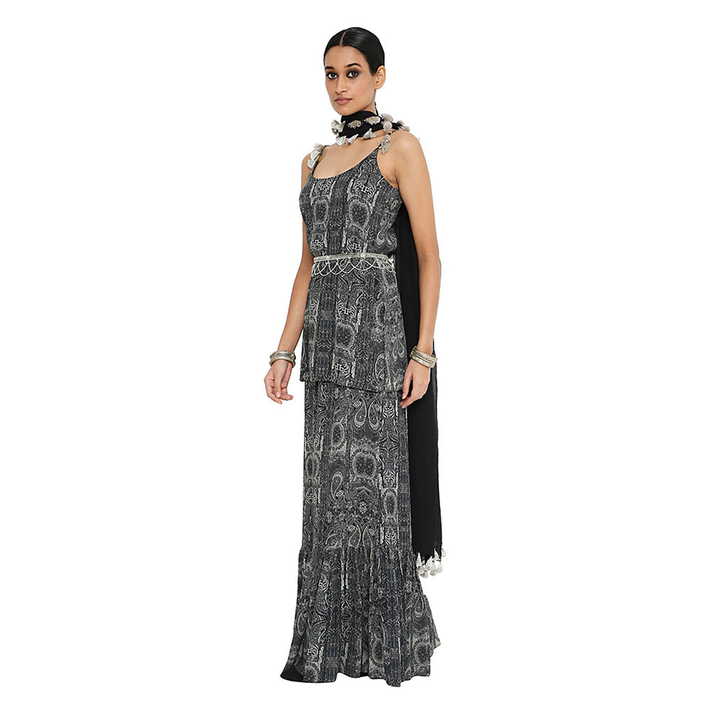 Payal Singhal Black Printed Kurta with Frill Sharara and Dupatta (Set of 3)