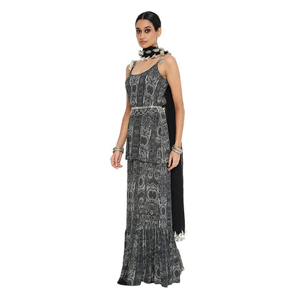 Payal Singhal Black Printed Kurta with Frill Sharara and Dupatta (Set of 3)