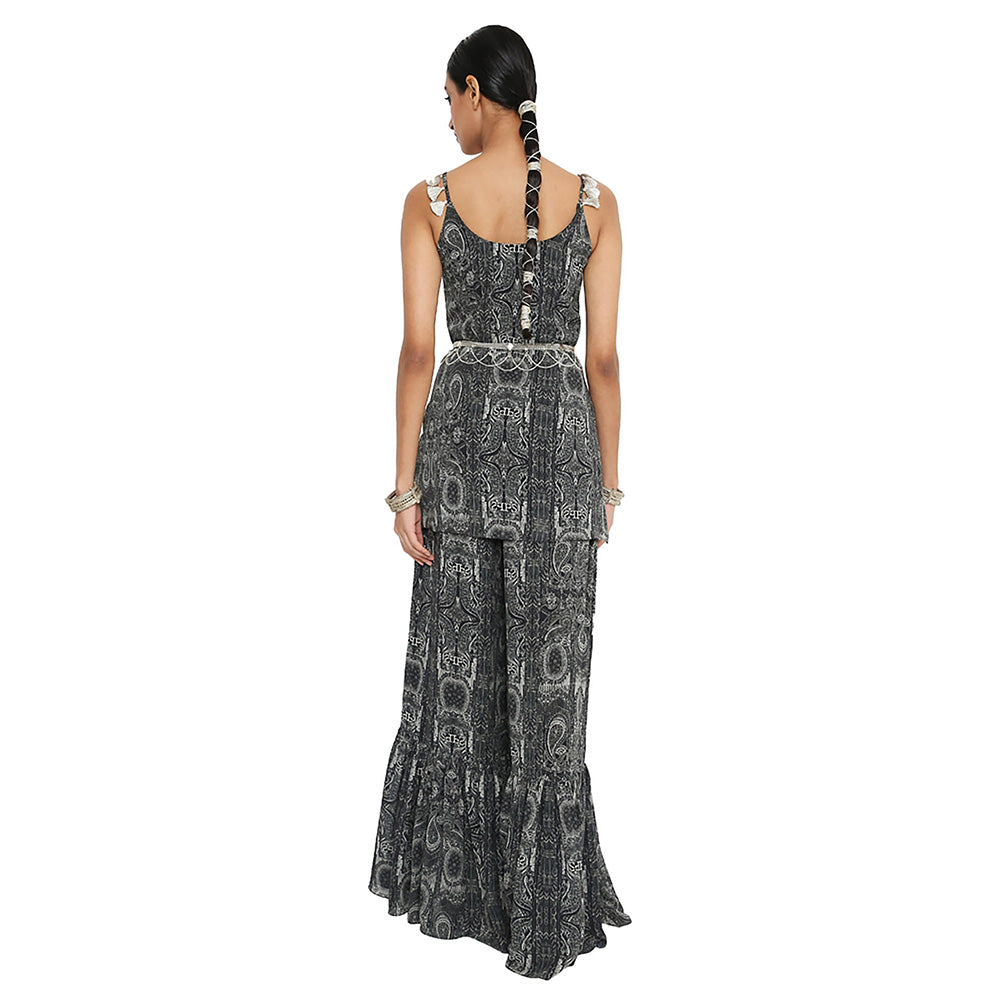 Payal Singhal Black Printed Kurta with Frill Sharara and Dupatta (Set of 3)