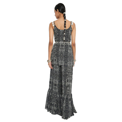 Payal Singhal Black Printed Kurta with Frill Sharara and Dupatta (Set of 3)