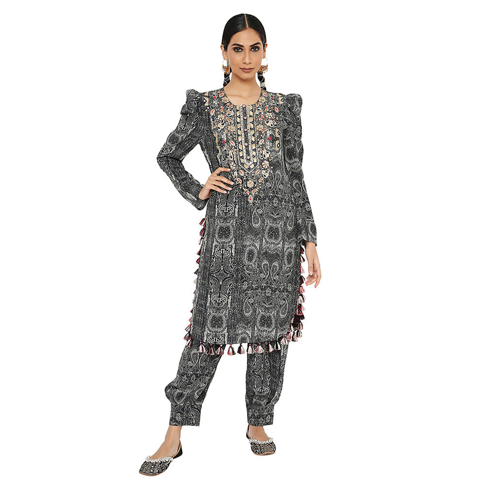 Payal Singhal Black Printed Embroidered Kurta with Salwar (Set of 2)