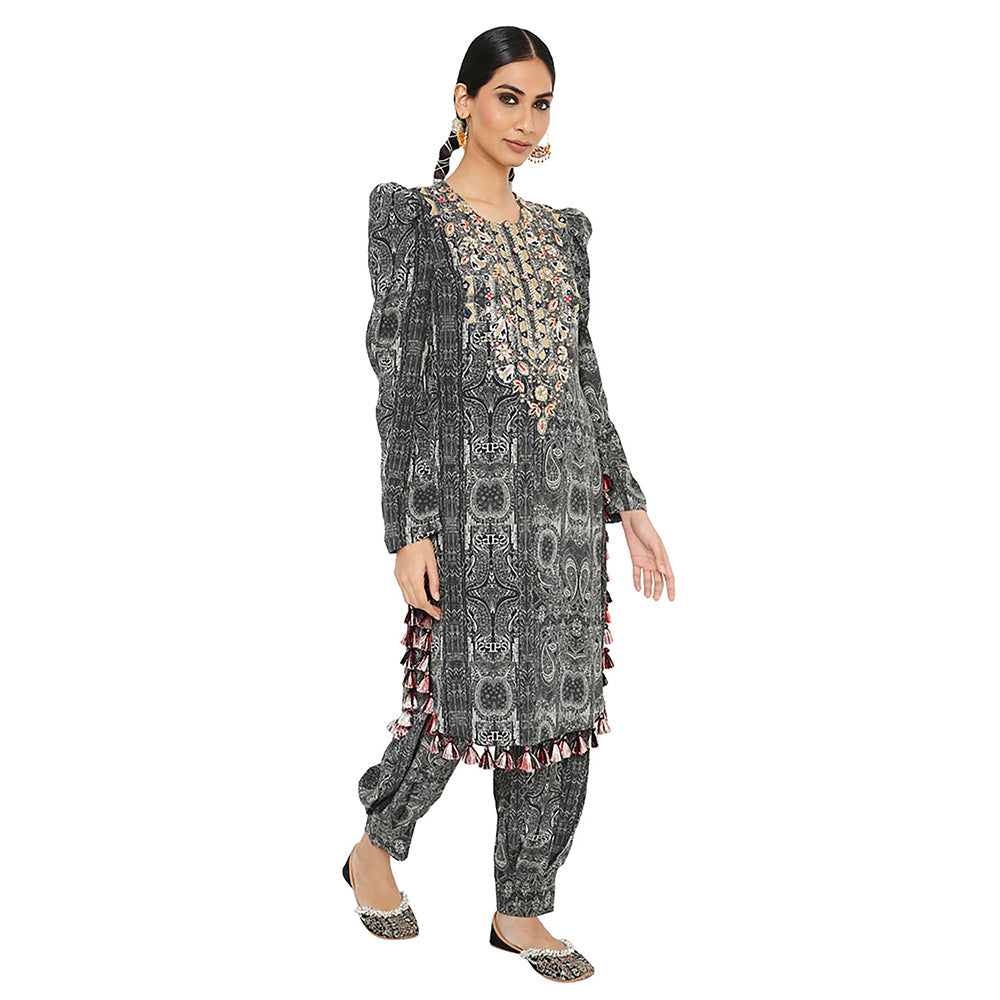 Payal Singhal Black Printed Embroidered Kurta with Salwar (Set of 2)