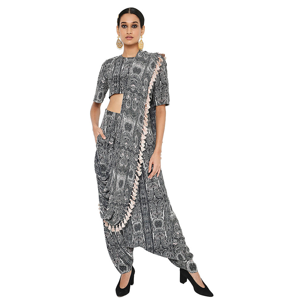 Payal Singhal Black Printed Crop Top and Dhoti with Attached Drape (Set of 2)