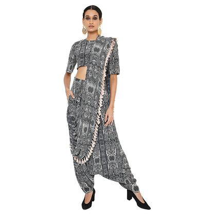 Payal Singhal Black Printed Crop Top and Dhoti with Attached Drape (Set of 2)