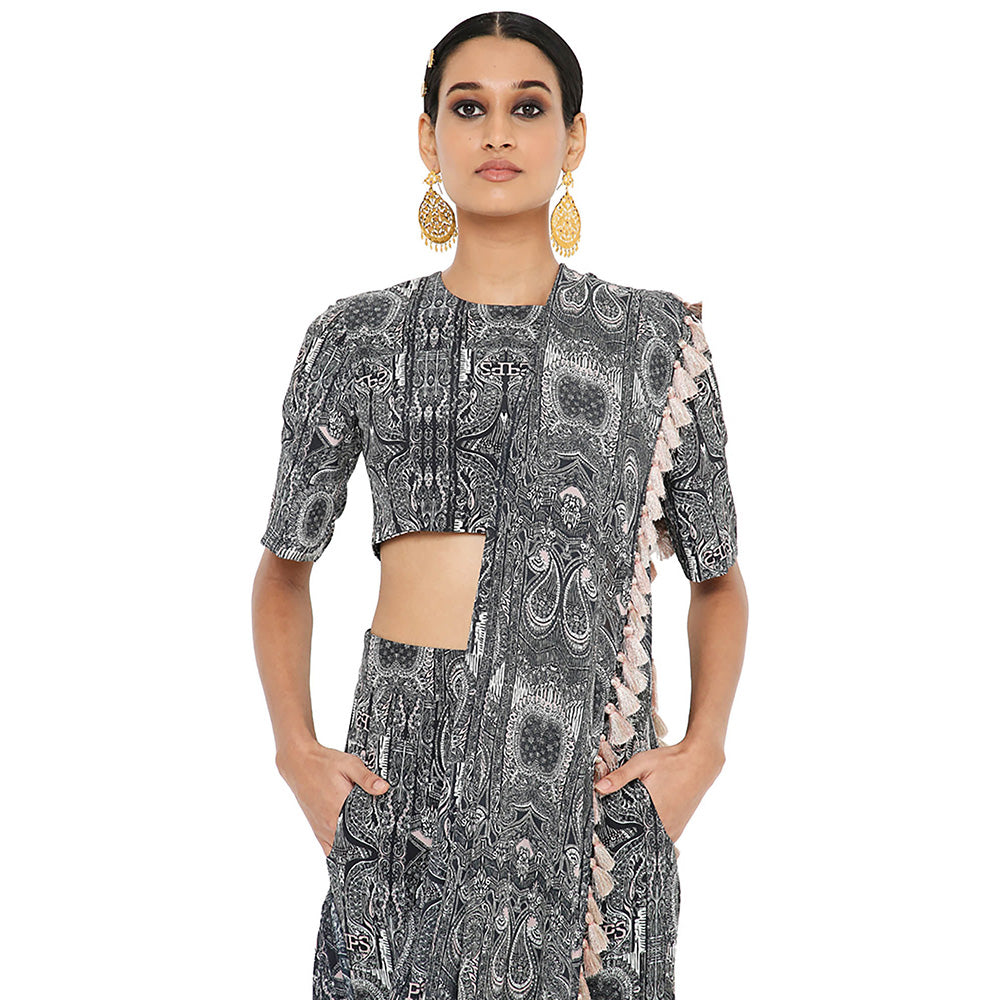 Payal Singhal Black Printed Crop Top and Dhoti with Attached Drape (Set of 2)