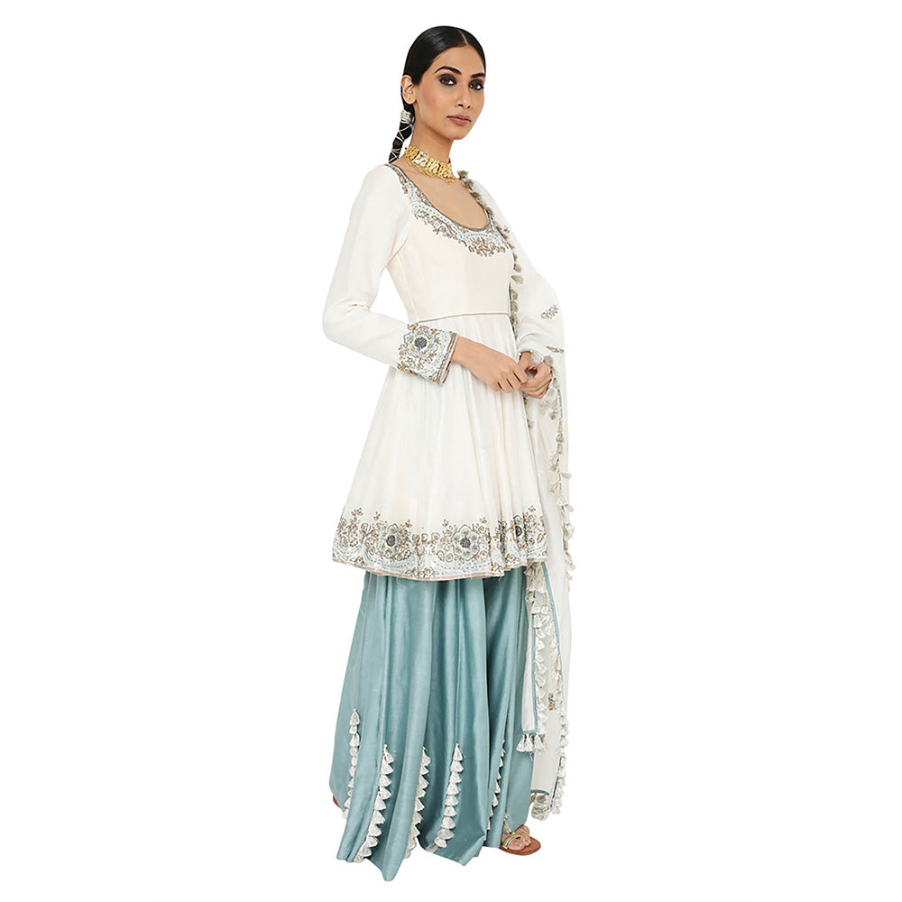 Payal Singhal Off White Short Anarkali with Sharara and Dupatta (Set of 3)