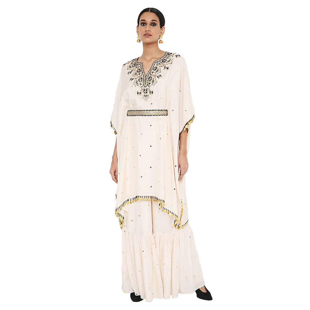 Payal Singhal Beige Embroidered Kaftan with Sharara and Belt (Set of 3)