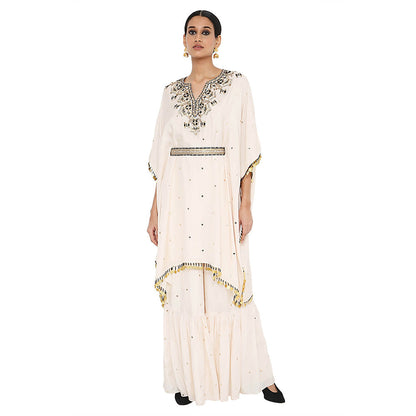Payal Singhal Beige Embroidered Kaftan with Sharara and Belt (Set of 3)