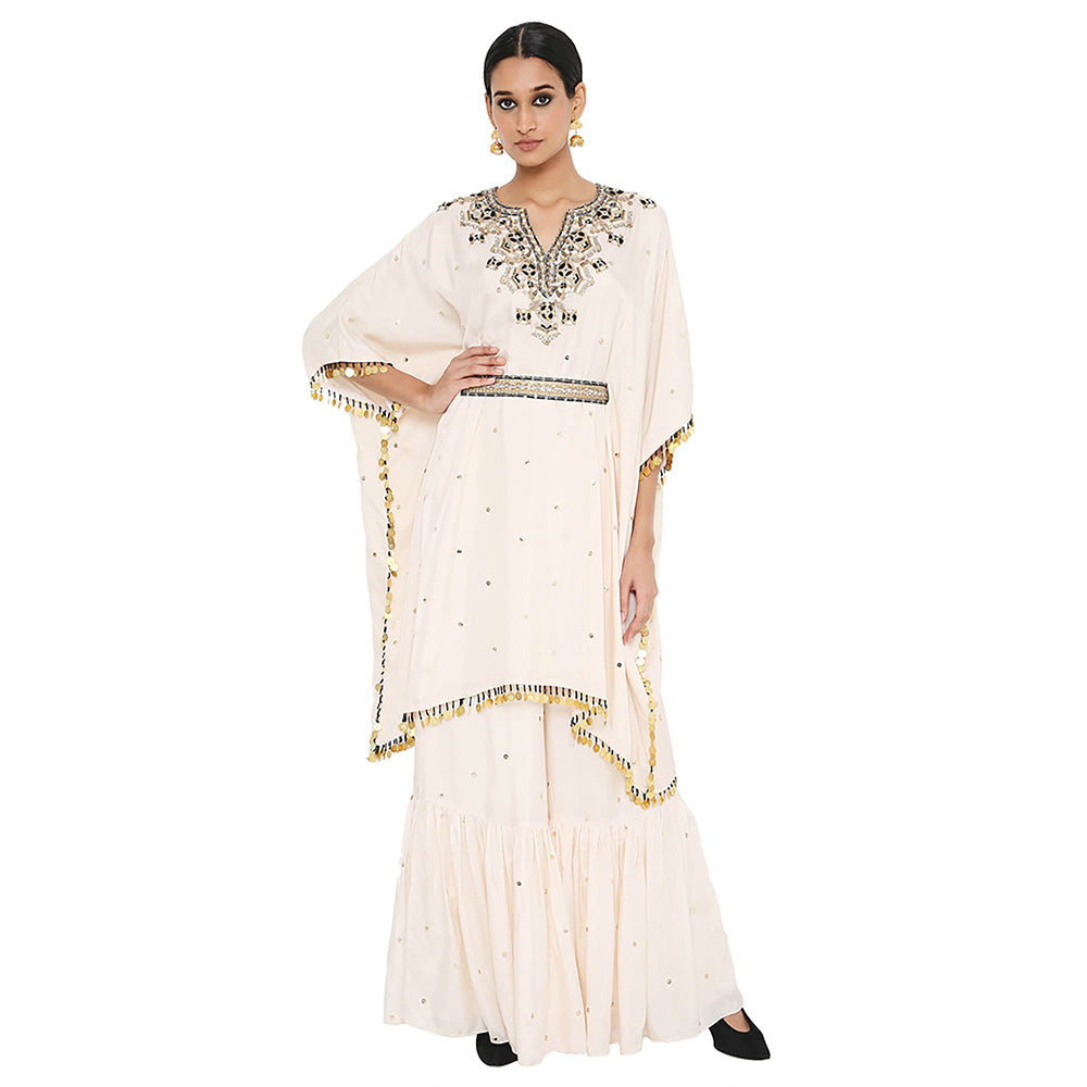 Payal Singhal Beige Embroidered Kaftan with Sharara and Belt (Set of 3)