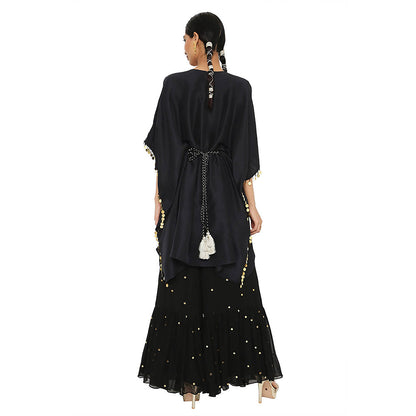 Payal Singhal Black Embroidered Kaftan with Sharara and Belt (Set of 2)