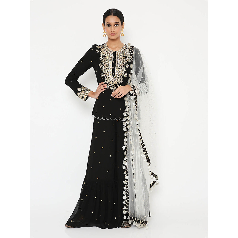 Payal Singhal Black Mukaish Short Kurta with Sharara and Dupatta (Set of 3)