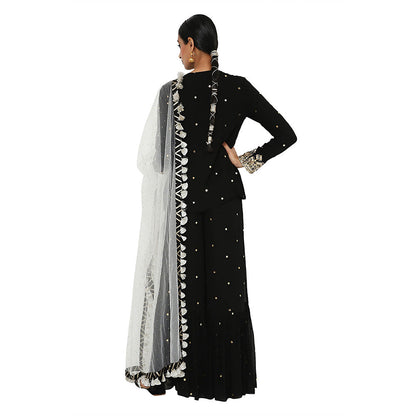Payal Singhal Black Mukaish Short Kurta with Sharara and Dupatta (Set of 3)