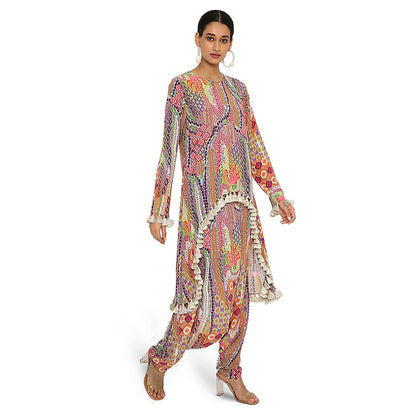Payal Singhal Multi-Colour Print Crepe High Low Kurta with Dhoti (Set of 2)