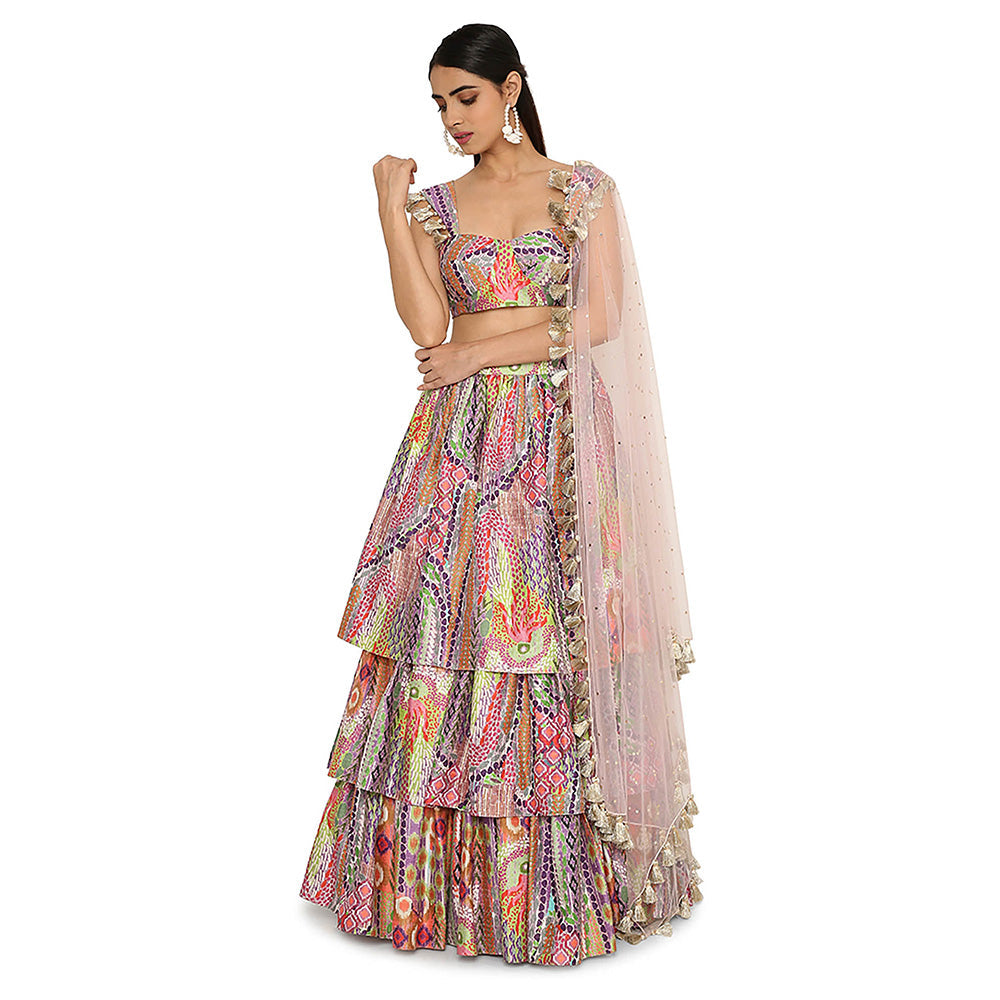 Payal Singhal Multi-Colour Print Blouse with Ruffled Skirt and Dupatta (Set of 3)