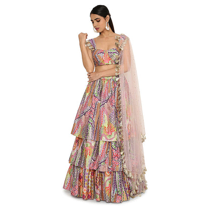 Payal Singhal Multi-Colour Print Blouse with Ruffled Skirt and Dupatta (Set of 3)