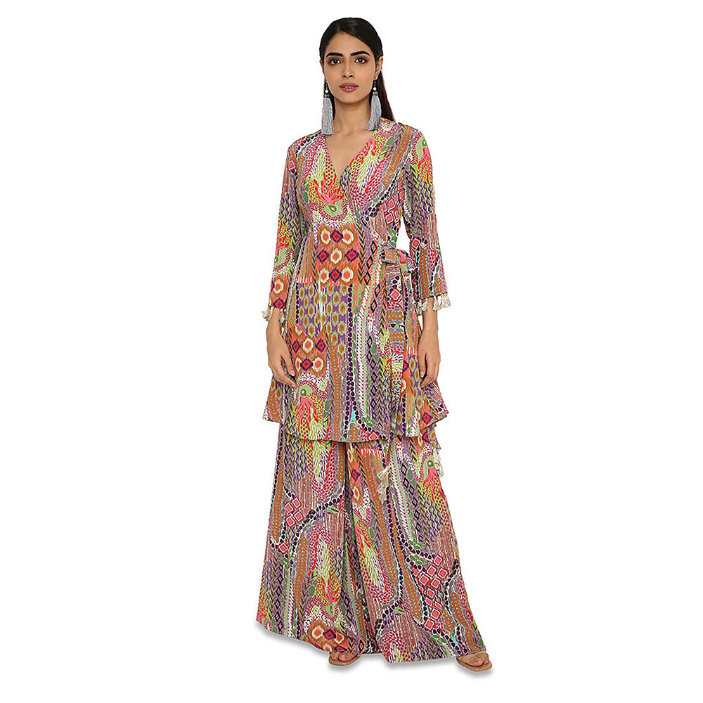 Payal Singhal Multi-Colour Print Crepe Overlap Kurta with Palazzo (Set of 2)