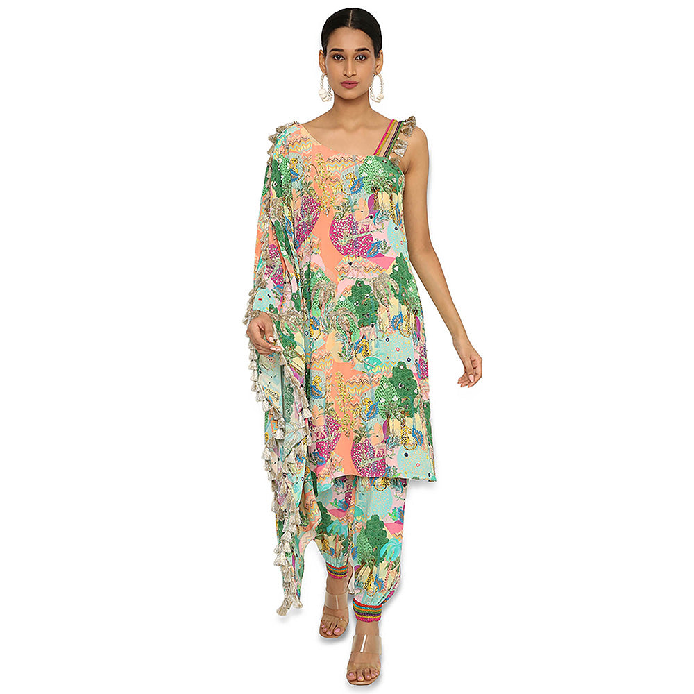 Payal Singhal Green Print Embroidered Kaftan with Pant (Set of 2)