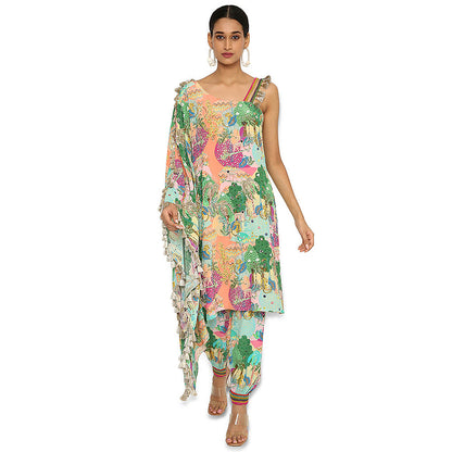 Payal Singhal Green Print Embroidered Kaftan with Pant (Set of 2)