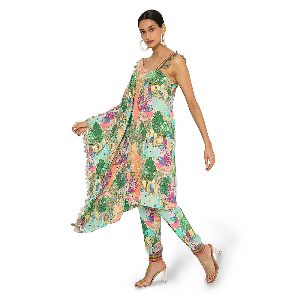 Payal Singhal Green Print Embroidered Kaftan with Pant (Set of 2)