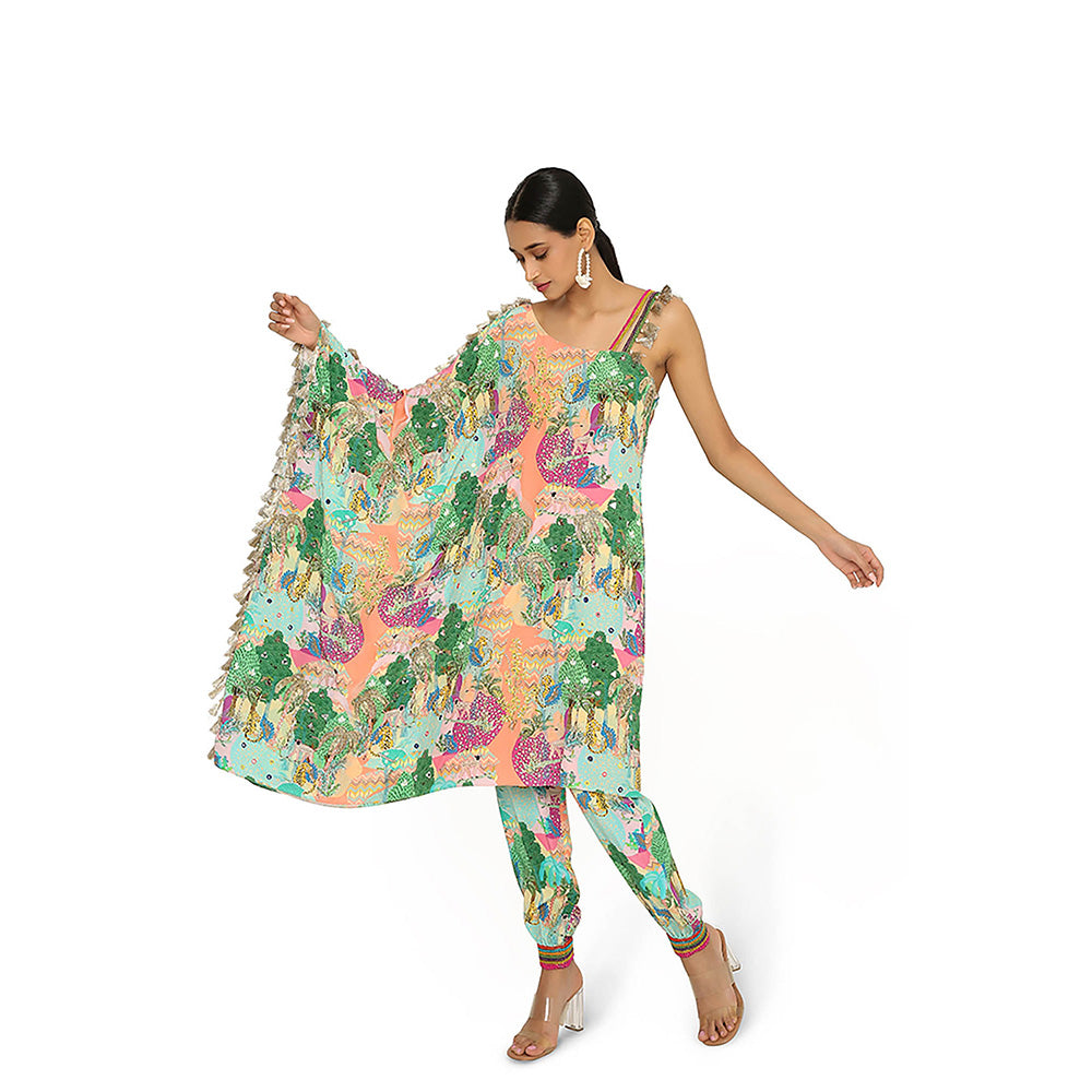Payal Singhal Green Print Embroidered Kaftan with Pant (Set of 2)