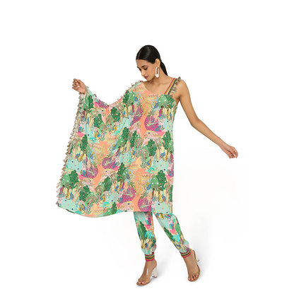 Payal Singhal Green Print Embroidered Kaftan with Pant (Set of 2)