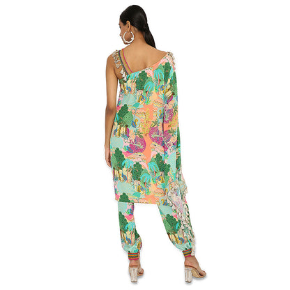 Payal Singhal Green Print Embroidered Kaftan with Pant (Set of 2)