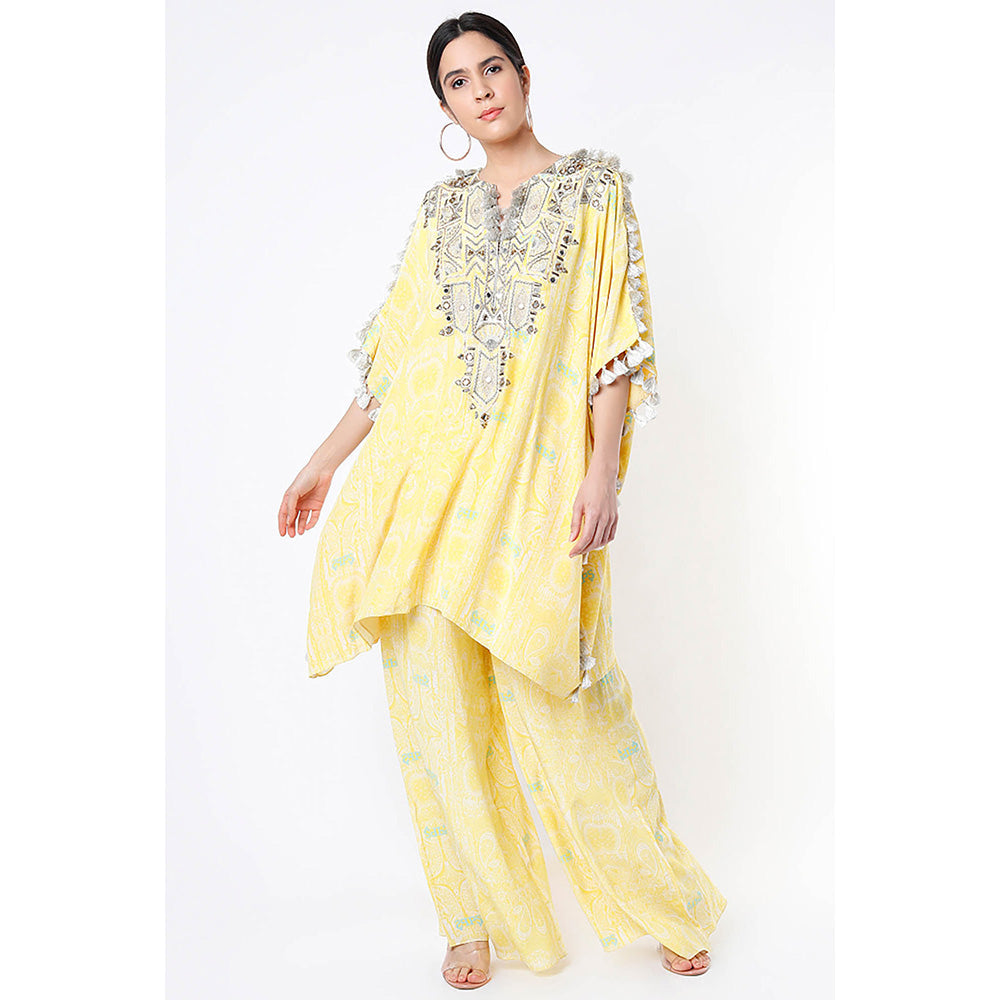 Payal Singhal Yellow Embroidered Short Kaftan with Palazzo (Set of 2)
