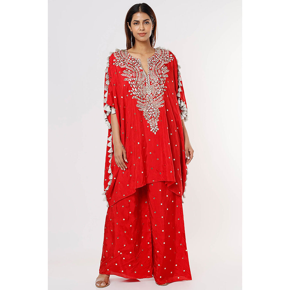 Payal Singhal Red Mukaish Kaftan and Palazzo (Set of 2)