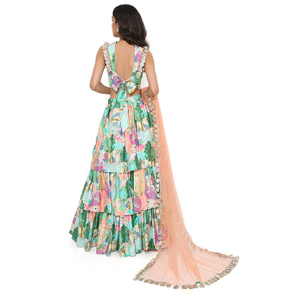 Payal Singhal Green Print Bustier and Ruffle Lehenga and Dupatta (Set of 3)