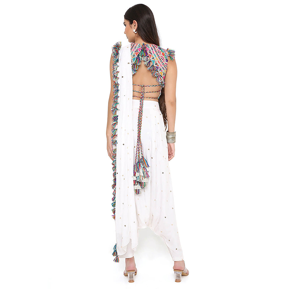 Payal Singhal Off White Crop Top and Dhoti with Attached Drape (Set of 2)