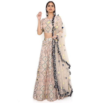 Payal Singhal Beige Print Embroidered Blouse with Lehenga and Dupatta (Set of 3)