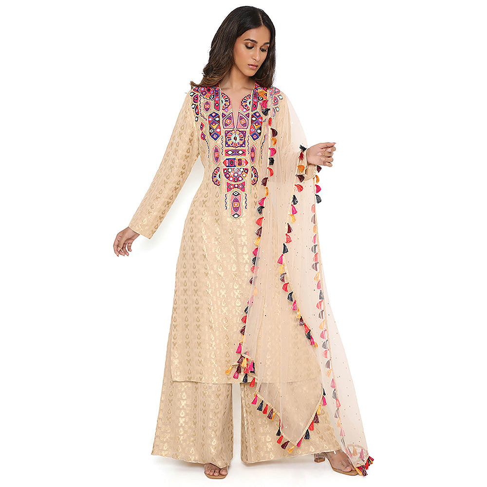 Payal Singhal Beige Embroidered Kurta and Palazzo with Dupatta (Set of 3)
